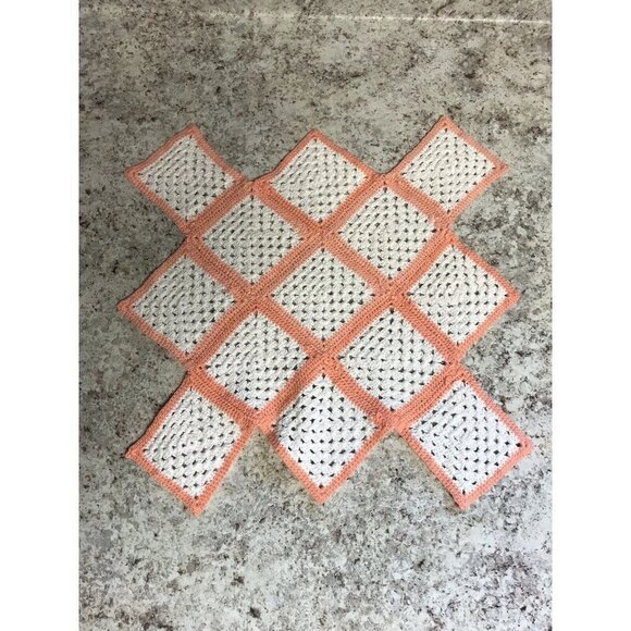 VTG Ivory & Peach Crocheted Rectangular Handmade Doily Artistic Design 16”x13” - Picture 1 of 6